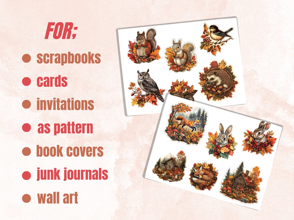 Fall Woodland Fussy Cut Pages, Vintage Autumn Forest Fussy Cut Ephemera, Rustic Fall Add On Journal Kit, Cozy Scrapbooking, Fall Sticker Set