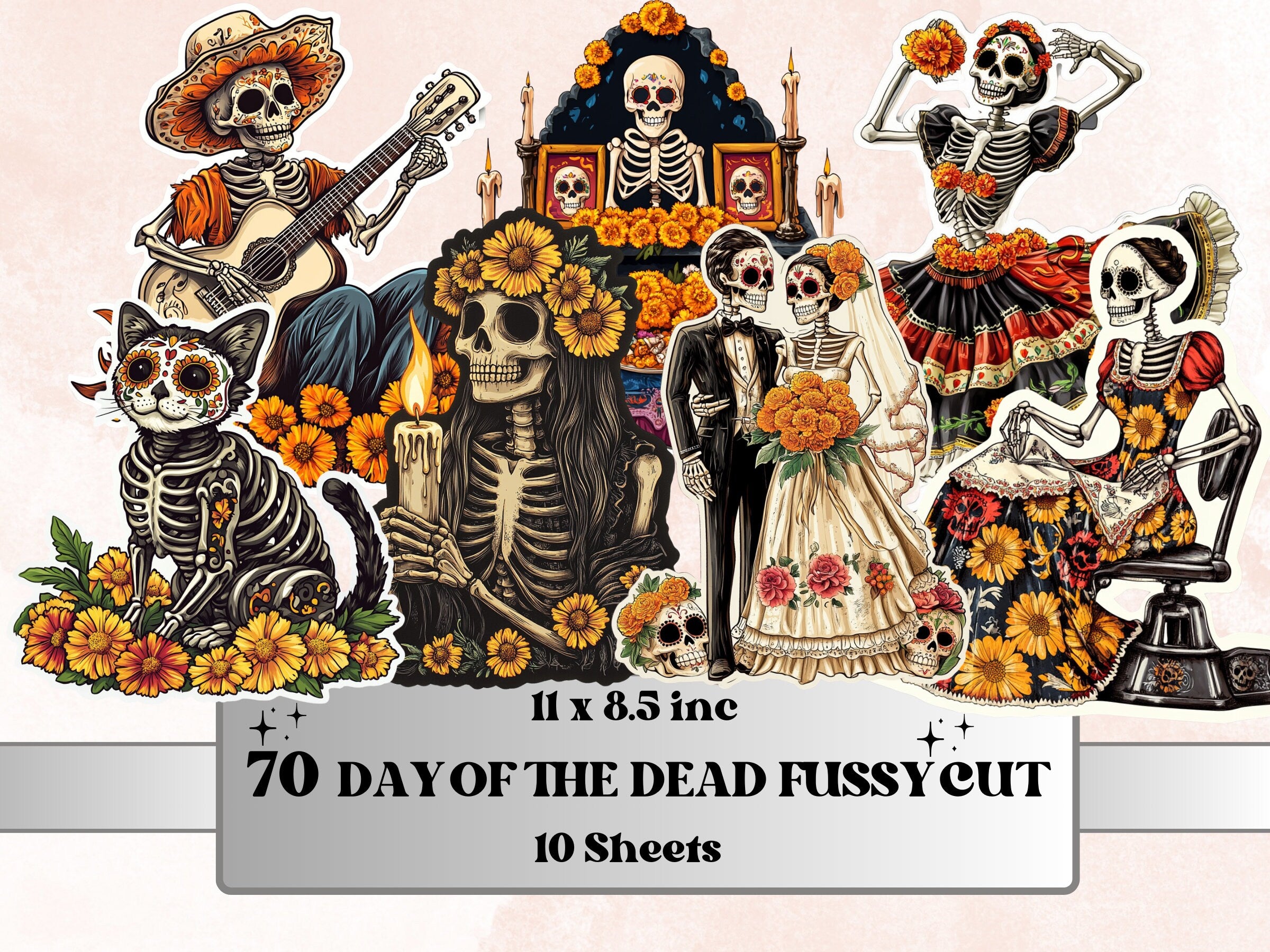 Day of the Dead Fussy Cut Pages, Dia de Los Muertos Fussy Cut, La Catrina Add On Journal Kit, Mexican Scrapbooking, Floral Skull Sticker Set