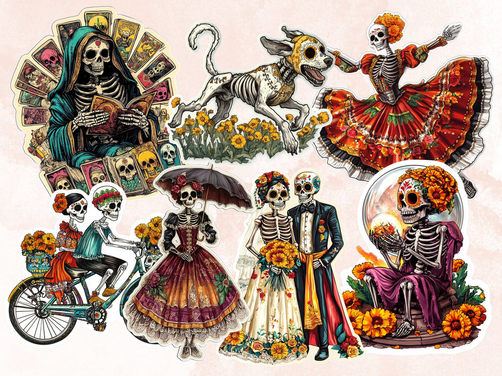 Day of the Dead Fussy Cut Pages, Dia de Los Muertos Fussy Cut, La Catrina Add On Journal Kit, Mexican Scrapbooking, Floral Skull Sticker Set