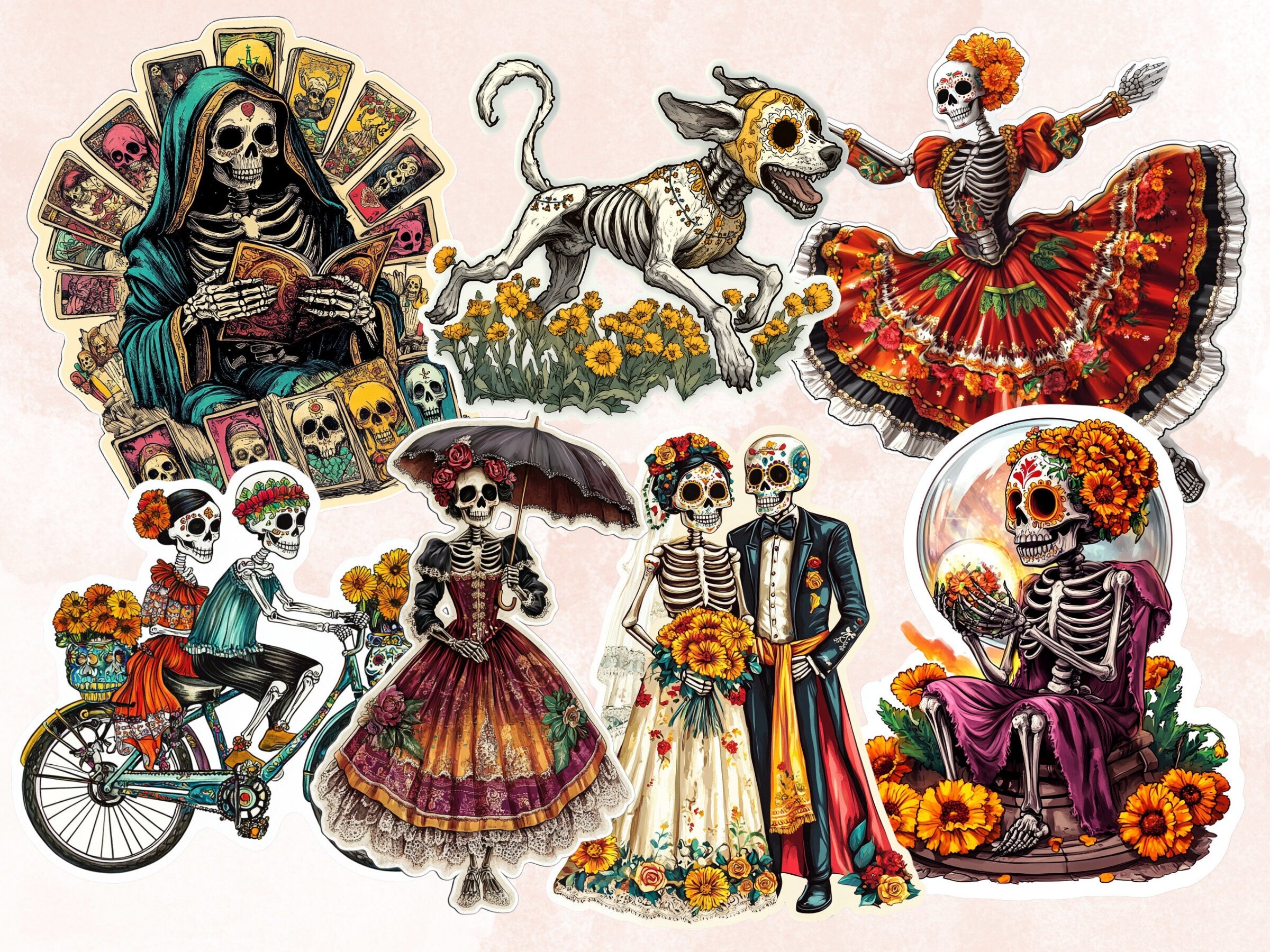 Day of the Dead Fussy Cut Pages, Dia de Los Muertos Fussy Cut, La Catrina Add On Journal Kit, Mexican Scrapbooking, Floral Skull Sticker Set