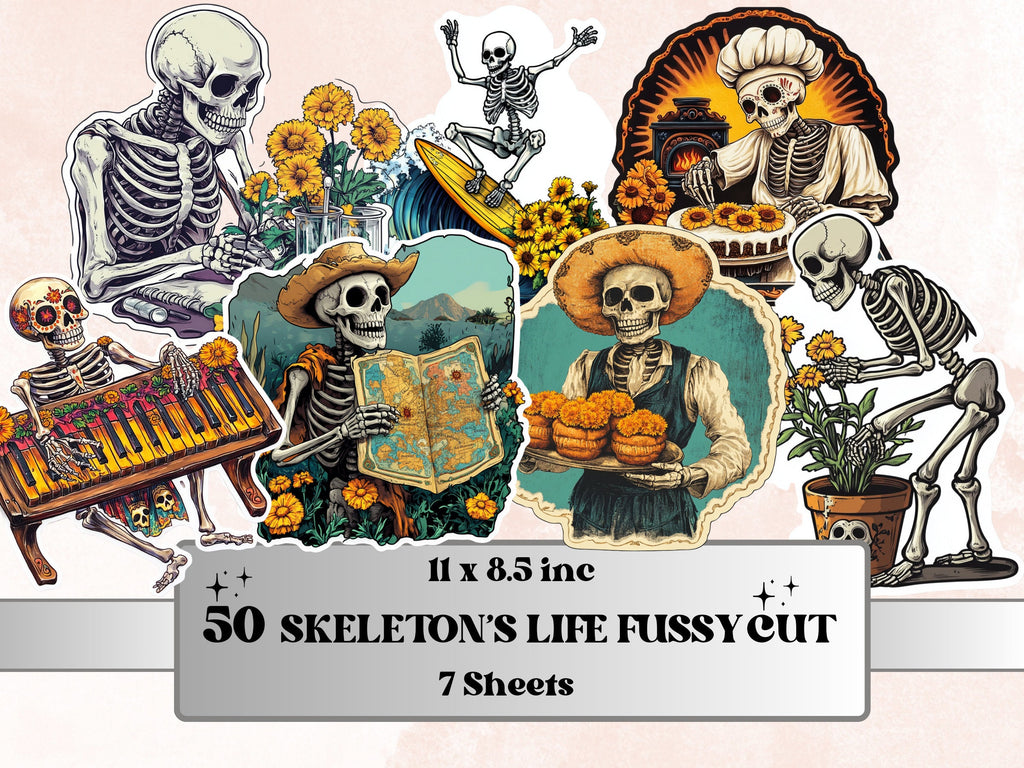 Skeleton life printable fussy cuts for playful Day of the Dead collage pages