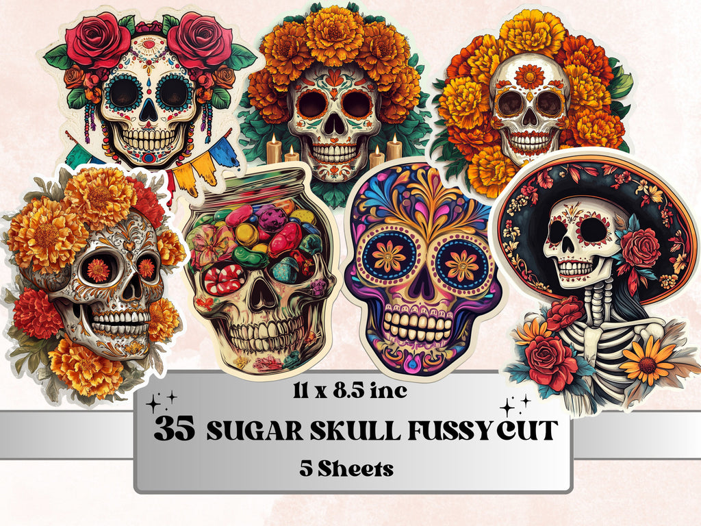 Sugar Skull Fussy Cut Pages, Floral Skull Fussy Cut Ephemera, Fantasy Add On Journal Kit, Dia de Los Muertos Scrapbooking, Skull Sticker