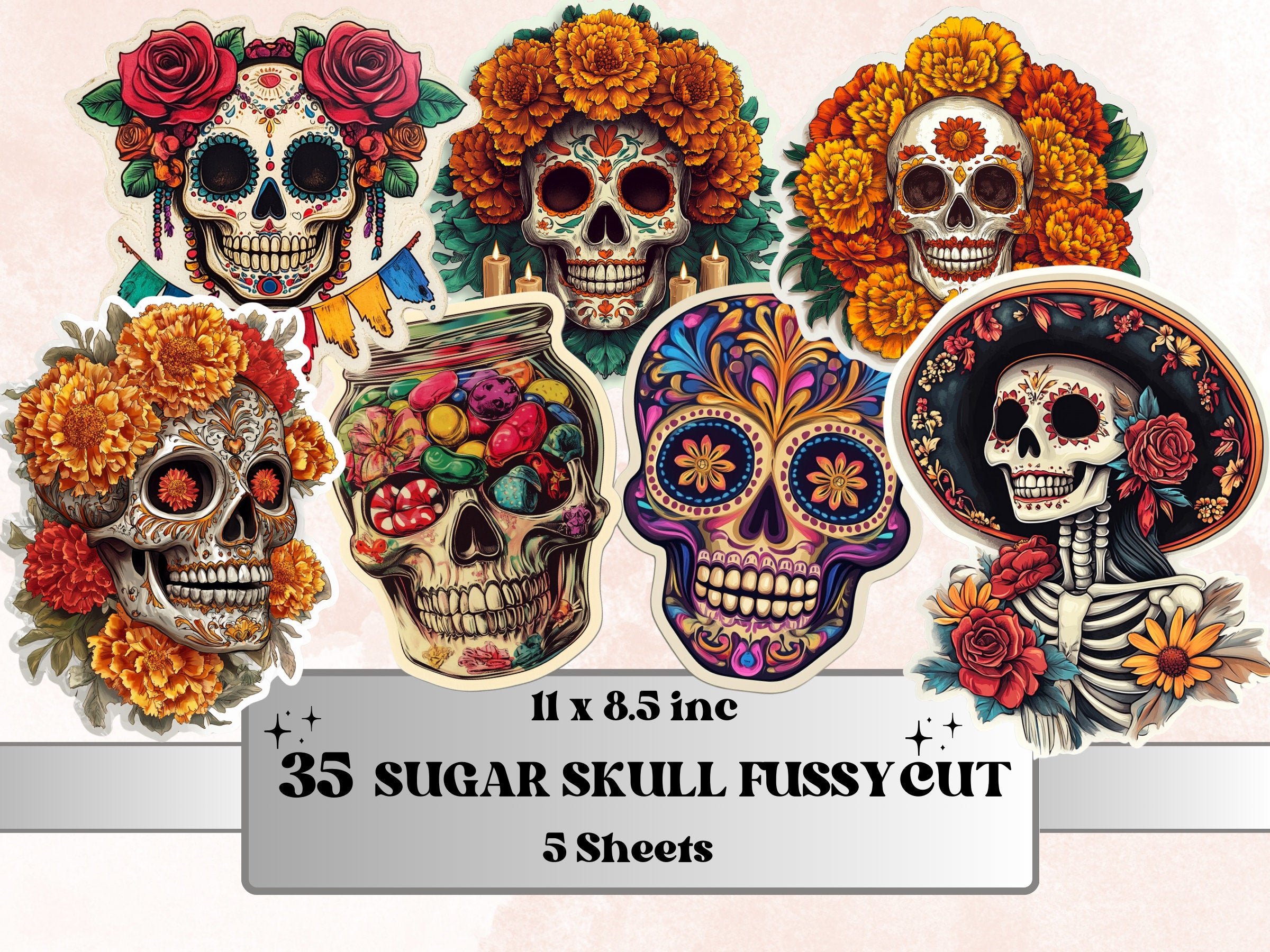 Sugar Skull Fussy Cut Pages, Floral Skull Fussy Cut Ephemera, Fantasy Add On Journal Kit, Dia de Los Muertos Scrapbooking, Skull Sticker