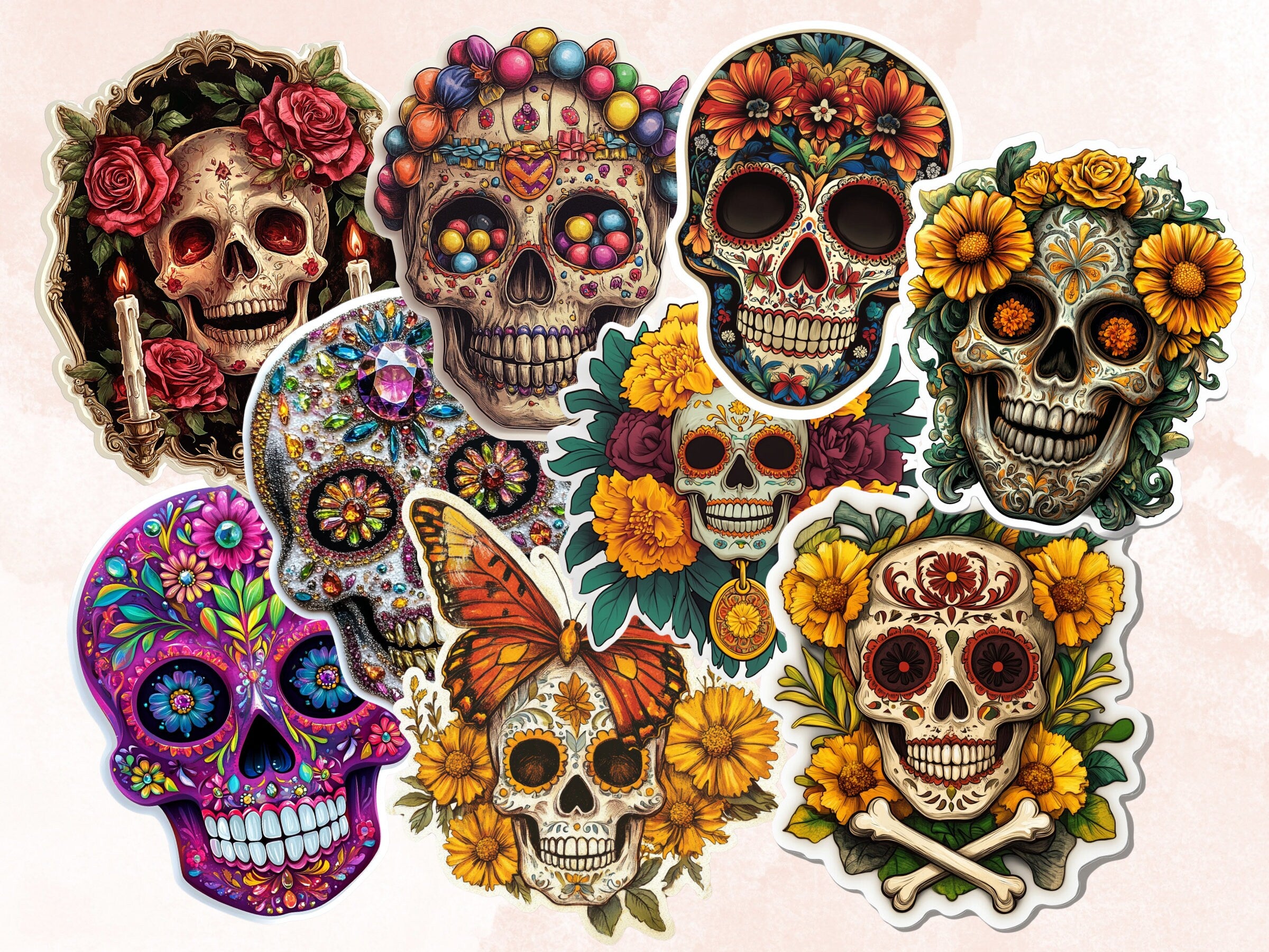 Sugar Skull Fussy Cut Pages, Floral Skull Fussy Cut Ephemera, Fantasy Add On Journal Kit, Dia de Los Muertos Scrapbooking, Skull Sticker