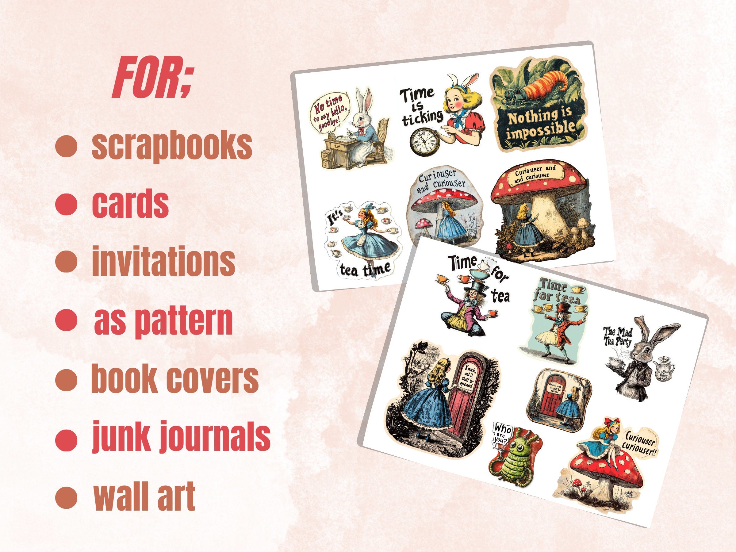 Alice in Wonderland Fussy Cut Pages, Whimsical Alice Fussy Cut Ephemera Collection, Fairytale Add On Journal Kit, Tea Time Scrapbooking