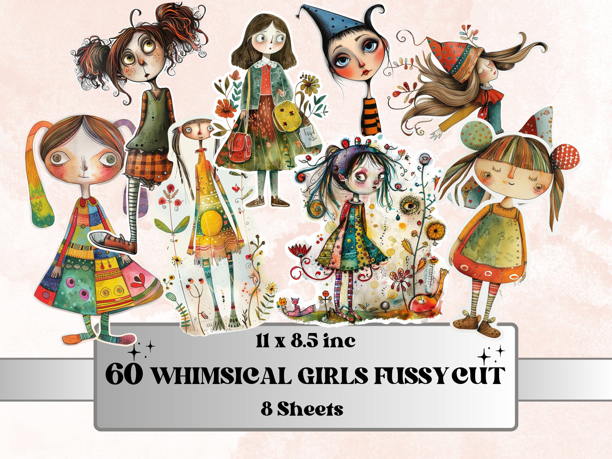 Whimsical Girls Fussy Cut Pages, Quirky Girl Fussy Cut Ephemera Collection, Whimsical Add On Journal Kit, Mixed Media Art Scrapbooking