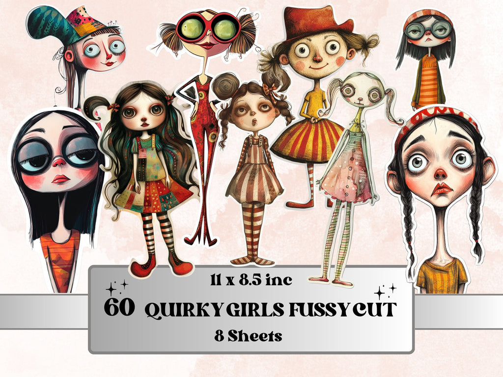 Quirky Funny Girls Fussy Cut Pages, Whimsical Girl Fussy Cut Ephemera Collection, Whimsical Add On Journal Kit, Mixed Media Art Scrapbooking