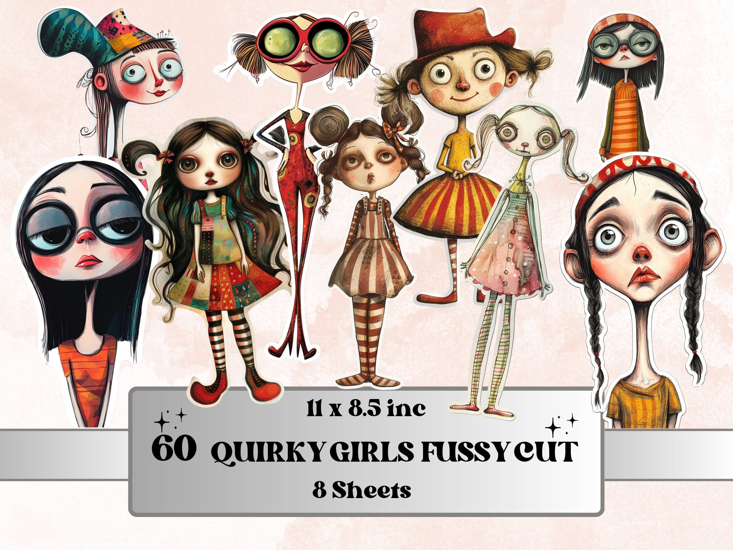 Quirky Funny Girls Fussy Cut Pages, Whimsical Girl Fussy Cut Ephemera Collection, Whimsical Add On Journal Kit, Mixed Media Art Scrapbooking