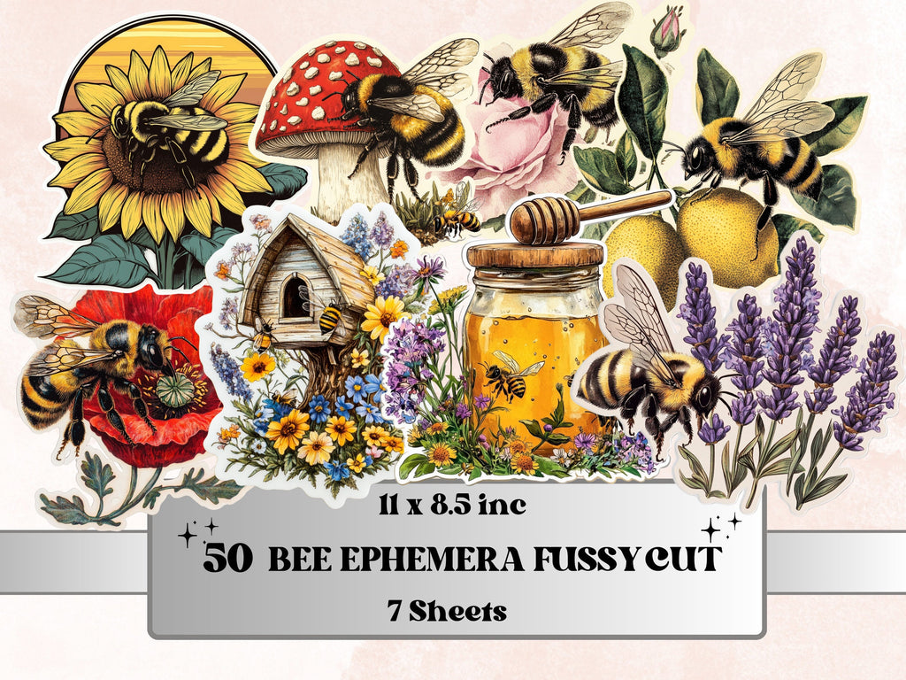 Honey Bee Fussy Cut Pages, Vintage Forest Bee Fussy Cut Ephemera Sheet, Beekeeping Journal Add On Kit, Fantasy Bee Mixed Media Collage