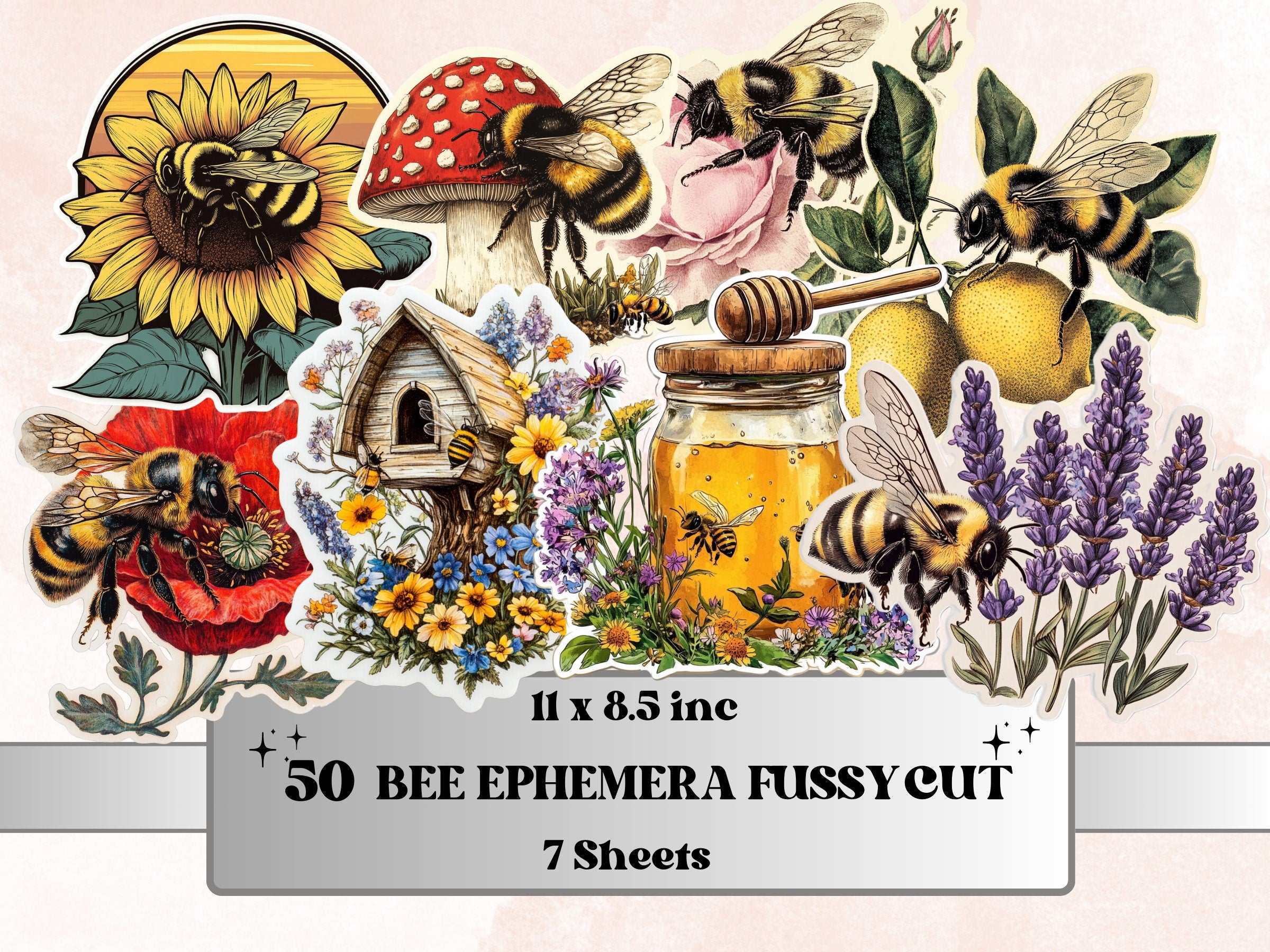 Honey Bee Fussy Cut Pages, Vintage Forest Bee Fussy Cut Ephemera Sheet, Beekeeping Journal Add On Kit, Fantasy Bee Mixed Media Collage