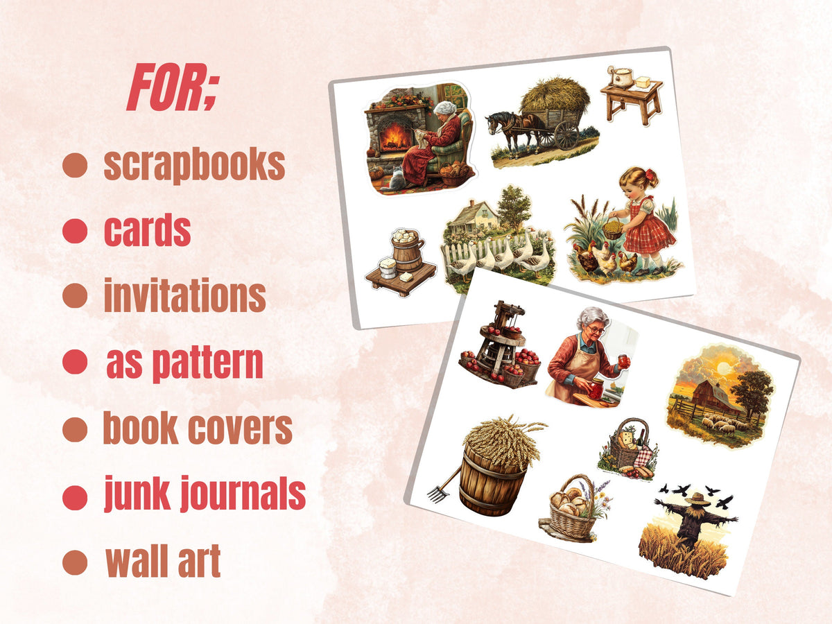 Cottage Life Fussy Cut Pages, Vintage Forest Farm Life Fussy Cut Ephemera Sheet, Cottagecore Journal Add On Kit, Fantasy Mixed Media Collage
