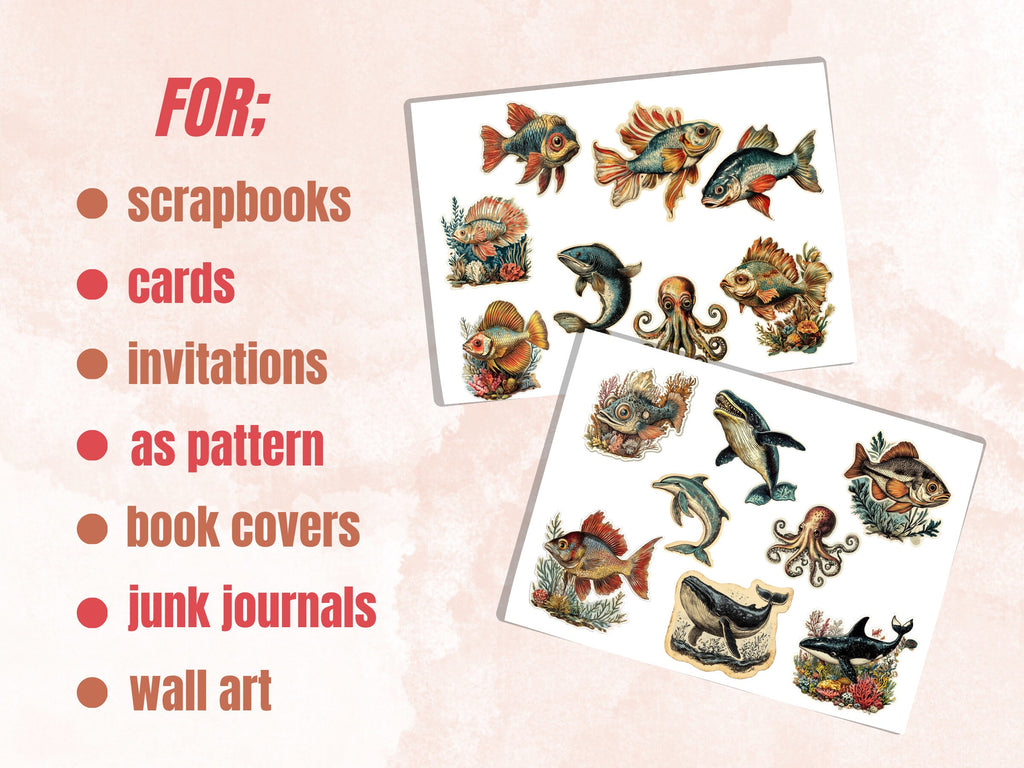 Underwater Fussy Cut Pages, Vintage Under the Sea Fussy Cut Ephemera Sheet, Ocean Journal Add On Kit, Underwater Mixed Media Collage