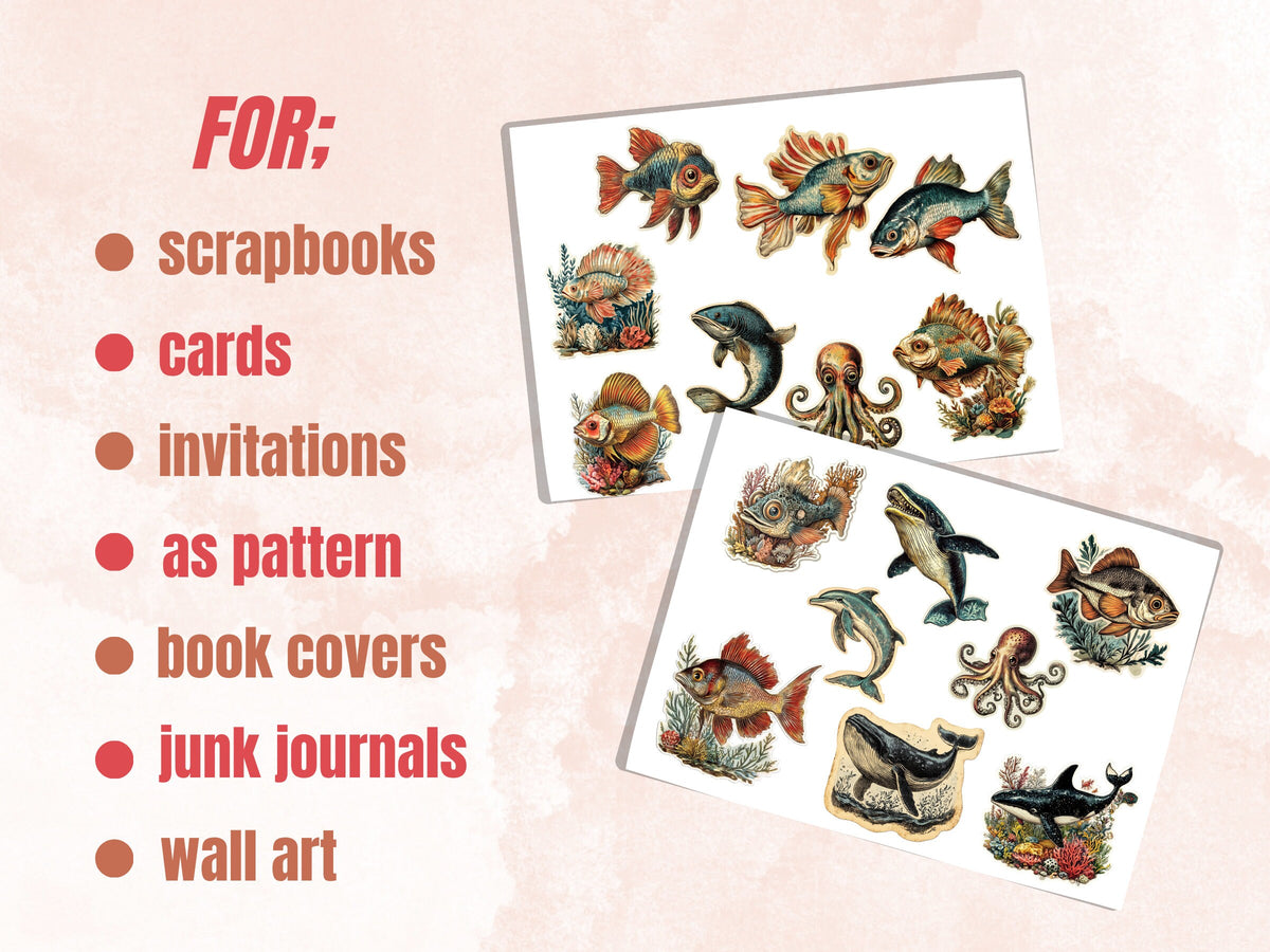 Underwater Fussy Cut Pages, Vintage Under the Sea Fussy Cut Ephemera Sheet, Ocean Journal Add On Kit, Underwater Mixed Media Collage