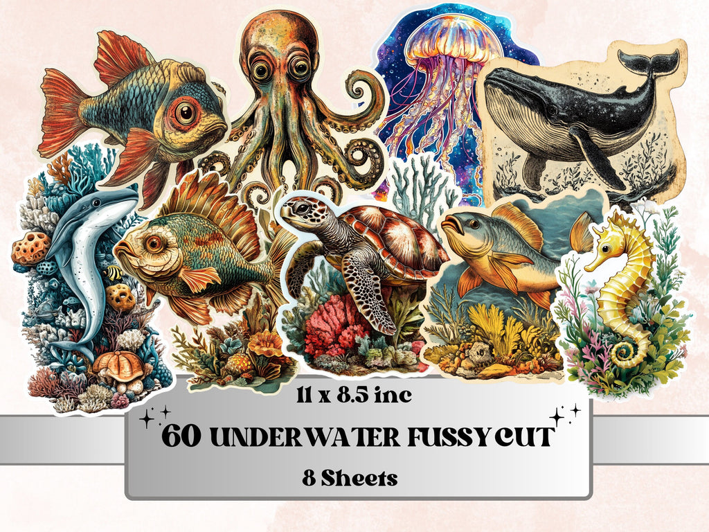 Underwater Fussy Cut Pages, Vintage Under the Sea Fussy Cut Ephemera Sheet, Ocean Journal Add On Kit, Underwater Mixed Media Collage