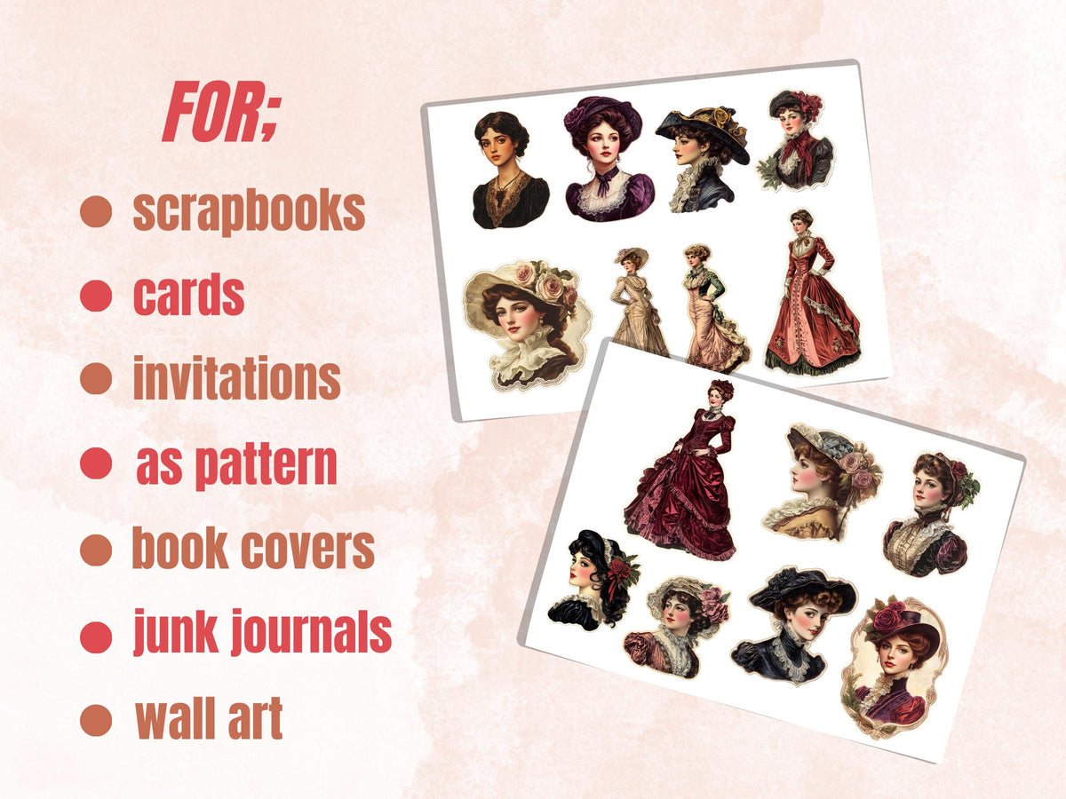 Victorian Ladies Fussy Cut Pages, Vintage Woman Fussy Cut Ephemera Sheet, Victorian Era Journal Add On Kit, Victorian Mixed Media Collage