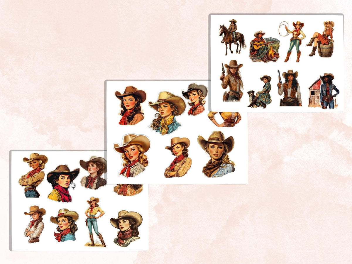 Western Cowgirl Fussy Cut Pages, Desert Girl Fussy Cut Ephemera Sheet, Wild West Retro Cowgirl Journal Add On Kit, Retro Mixed Media Collage