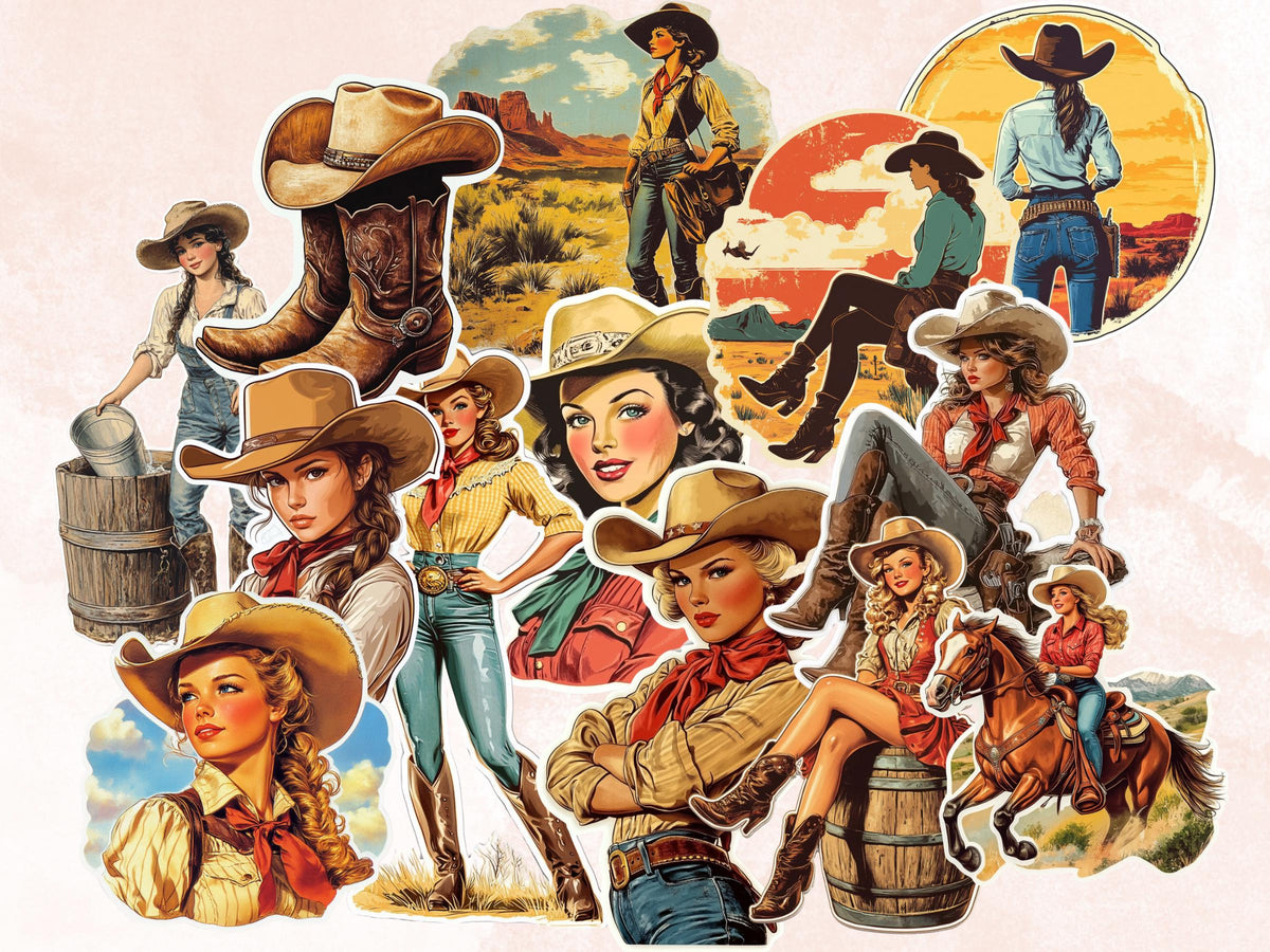 Western Cowgirl Fussy Cut Pages, Desert Girl Fussy Cut Ephemera Sheet, Wild West Retro Cowgirl Journal Add On Kit, Retro Mixed Media Collage