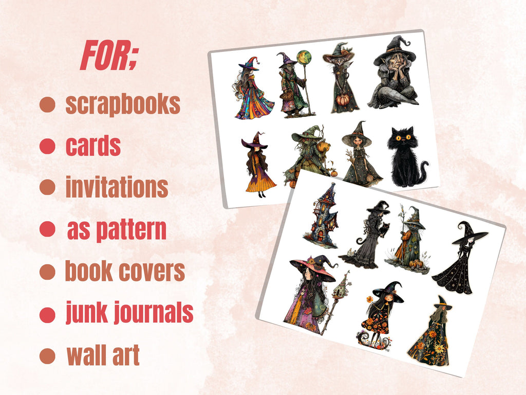Whimsical Witch Fussy Cut Pages, Quirky Witch Fussy Cut Ephemera, Quirky Halloween Add On Journal Kit, Witchcraft Scrapbooking, Girl Sticker