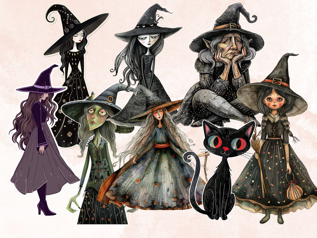 Whimsical Witch Fussy Cut Pages, Quirky Witch Fussy Cut Ephemera, Quirky Halloween Add On Journal Kit, Witchcraft Scrapbooking, Girl Sticker