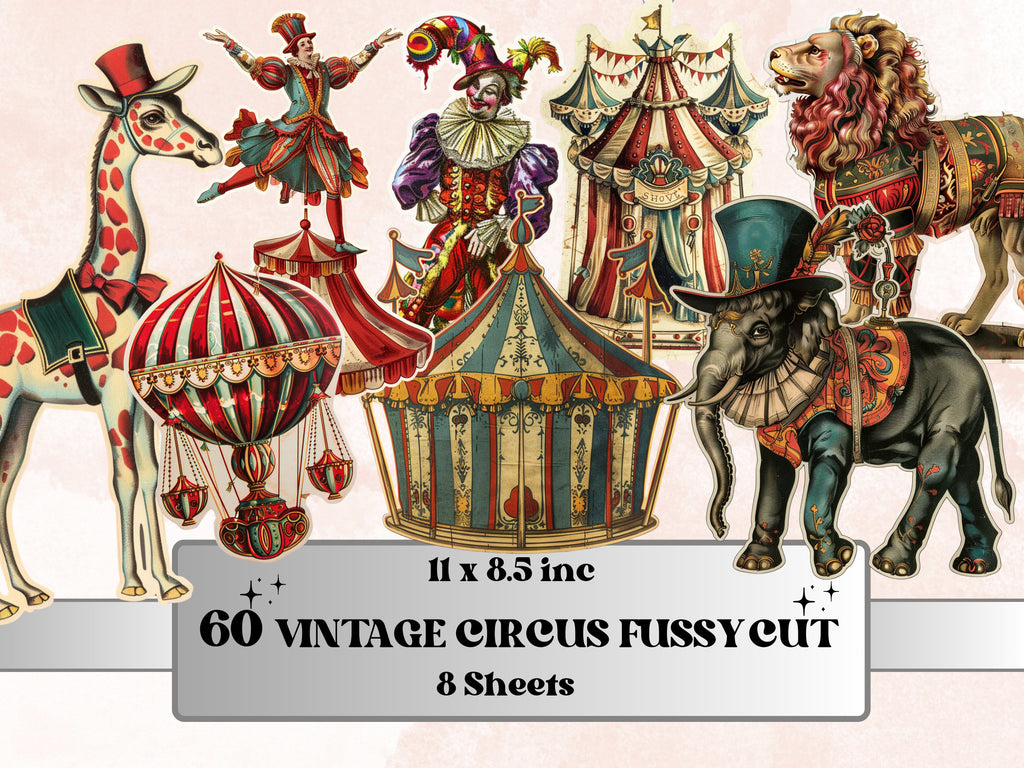 Whimsical Vintage Circus Fussy Cut Pages, Victorian Carnival Fussy Cut Ephemera Sheet, Circus Journal Add On Kit, Mixed Media Collage Sheet