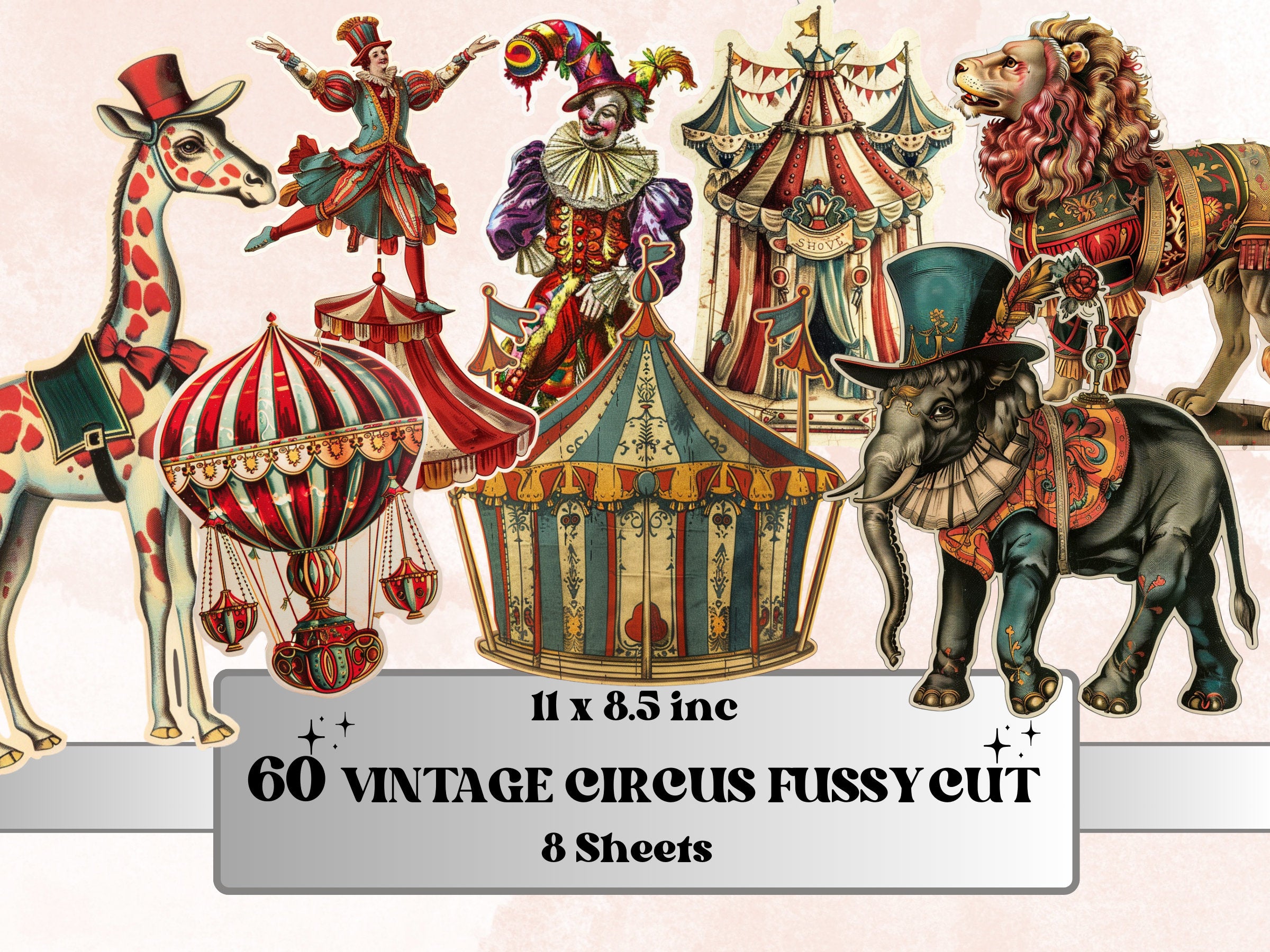 Whimsical Vintage Circus Fussy Cut Pages, Victorian Carnival Fussy Cut Ephemera Sheet, Circus Journal Add On Kit, Mixed Media Collage Sheet