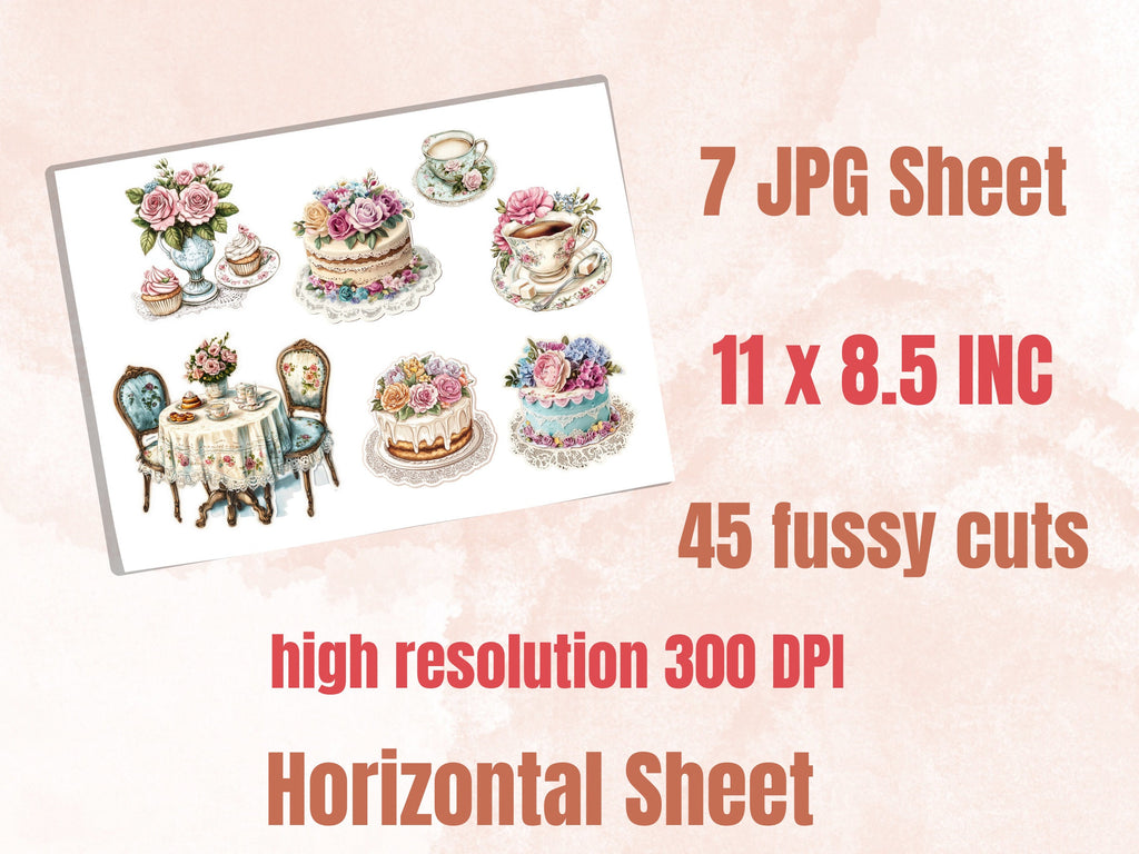 Shabby Chic Fussy Cut Pages, Floral Tea Party Fussy Cut Ephemera Sheet, Tea Time Journal Add On Kit, Shabby Floral Mixed Media Collage Sheet