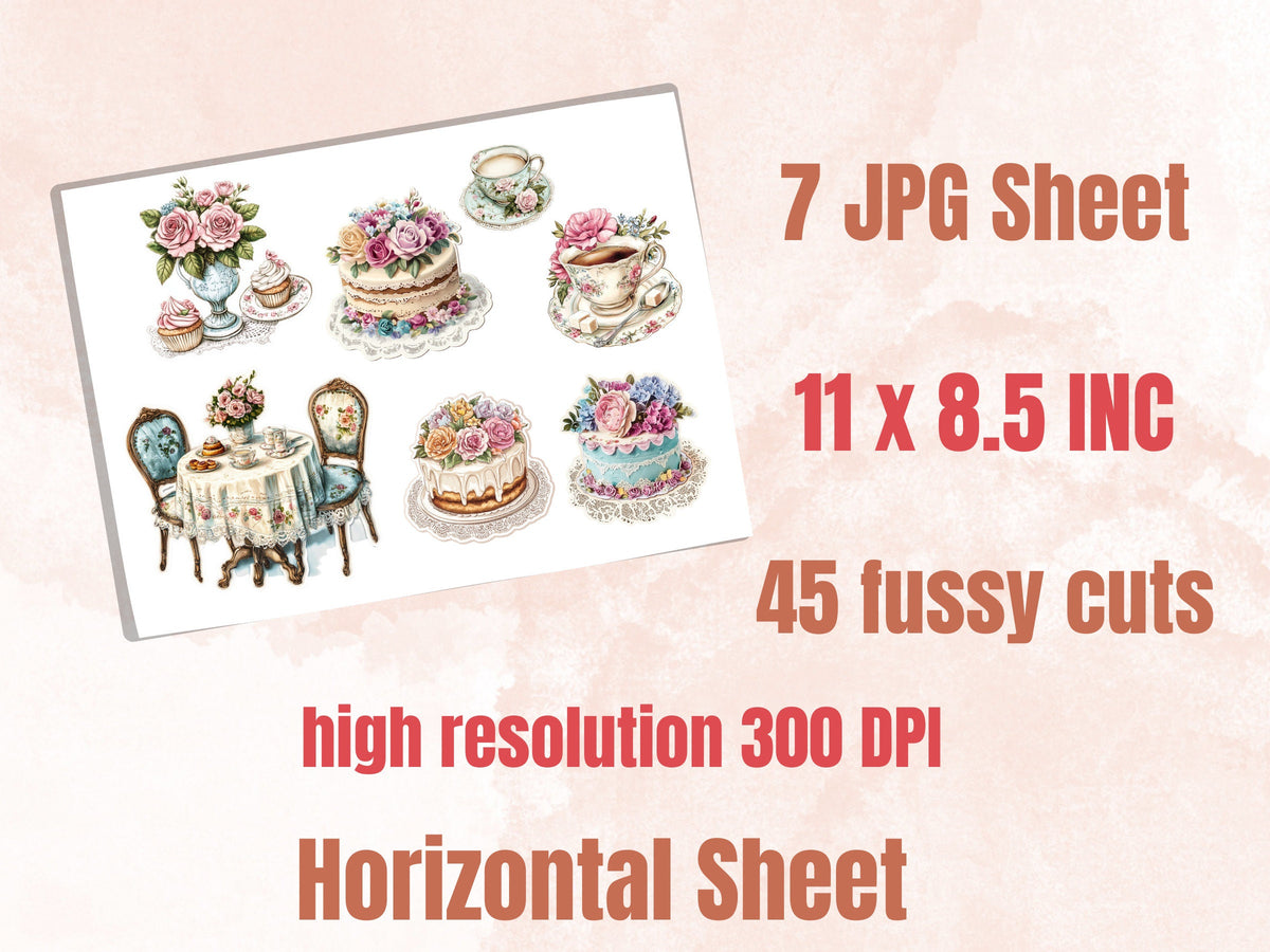 Shabby Chic Fussy Cut Pages, Floral Tea Party Fussy Cut Ephemera Sheet, Tea Time Journal Add On Kit, Shabby Floral Mixed Media Collage Sheet