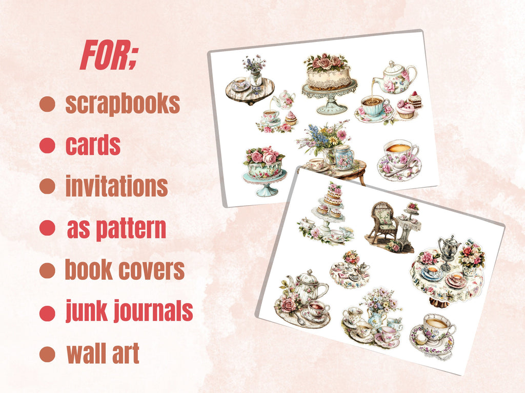 Shabby Chic Fussy Cut Pages, Floral Tea Party Fussy Cut Ephemera Sheet, Tea Time Journal Add On Kit, Shabby Floral Mixed Media Collage Sheet