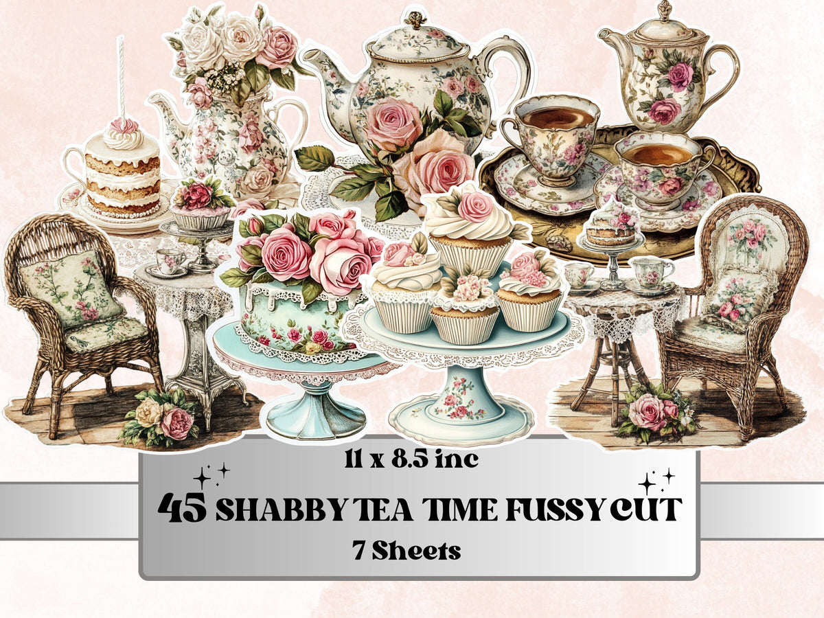 Shabby Chic Fussy Cut Pages, Floral Tea Party Fussy Cut Ephemera Sheet, Tea Time Journal Add On Kit, Shabby Floral Mixed Media Collage Sheet