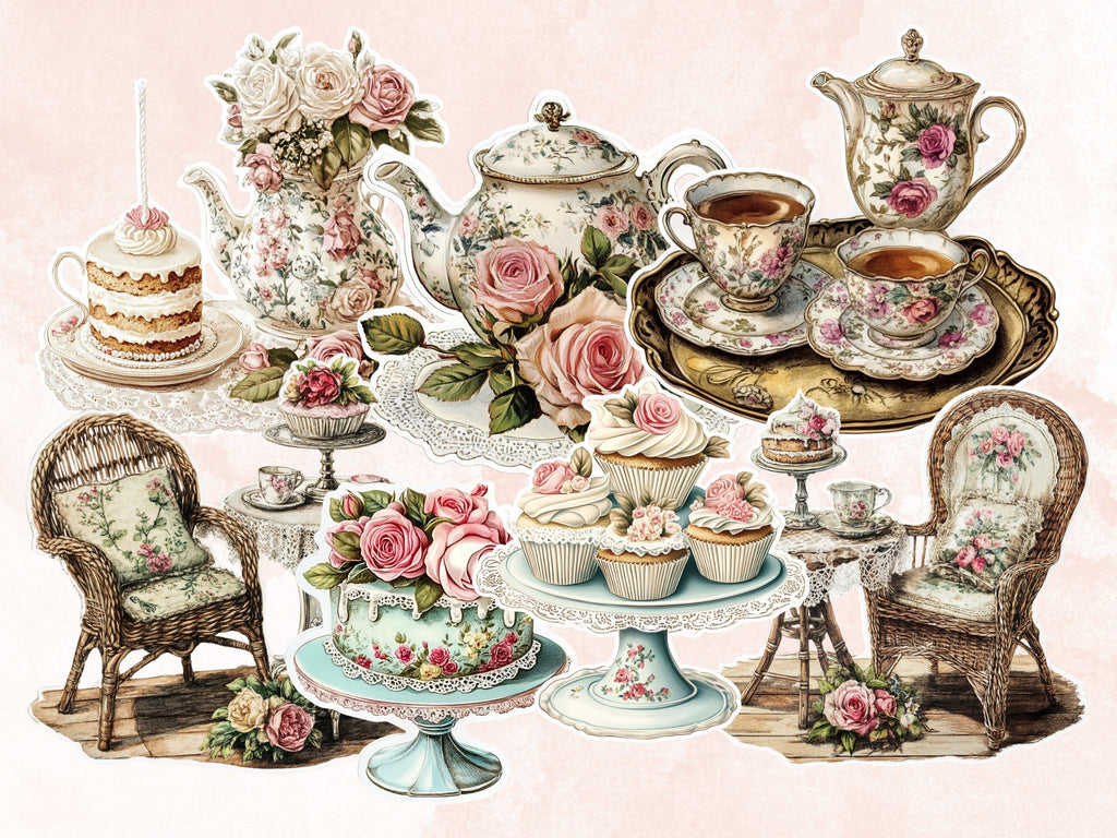 Shabby Chic Fussy Cut Pages, Floral Tea Party Fussy Cut Ephemera Sheet, Tea Time Journal Add On Kit, Shabby Floral Mixed Media Collage Sheet