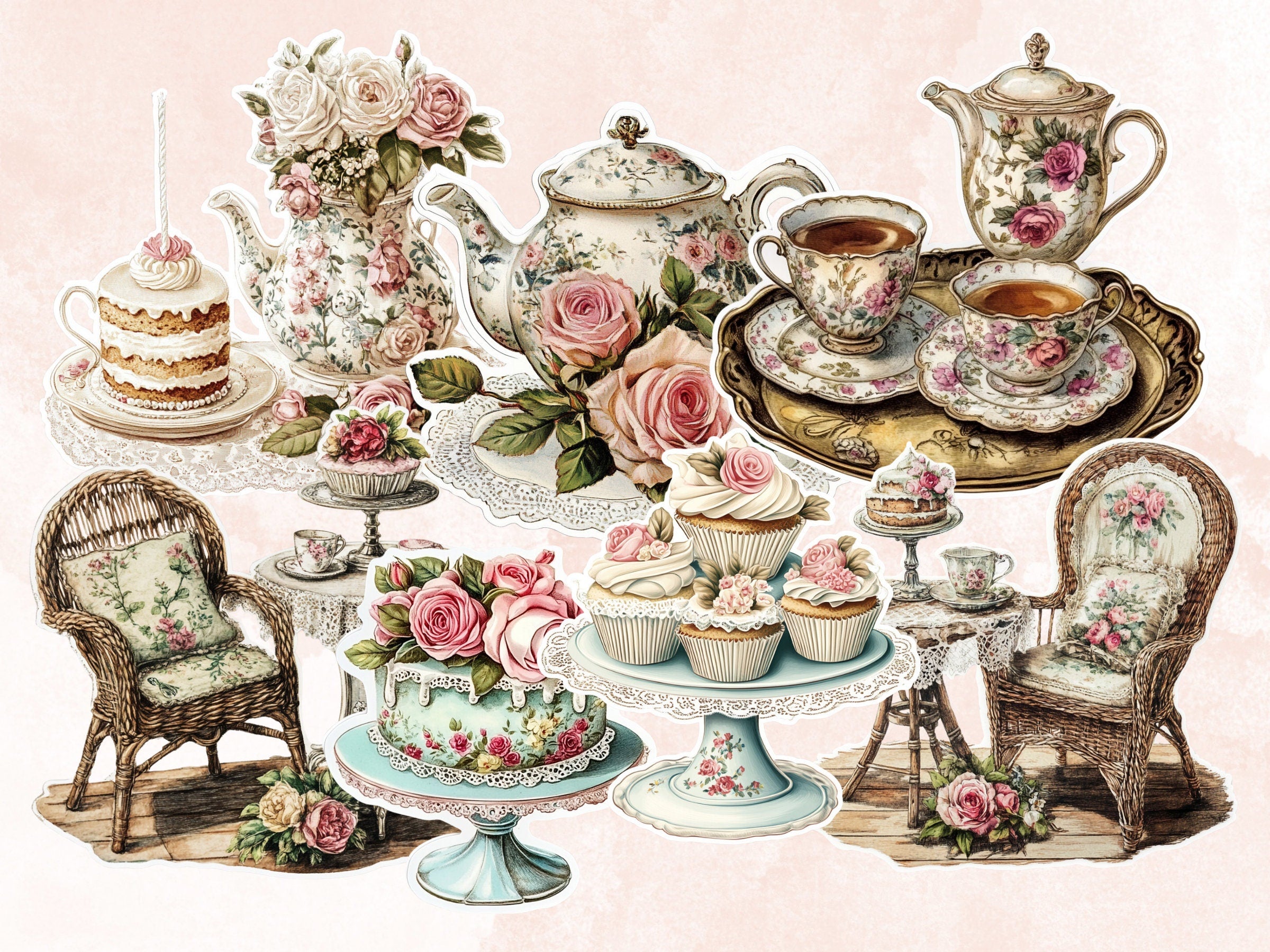 Shabby Chic Fussy Cut Pages, Floral Tea Party Fussy Cut Ephemera Sheet, Tea Time Journal Add On Kit, Shabby Floral Mixed Media Collage Sheet