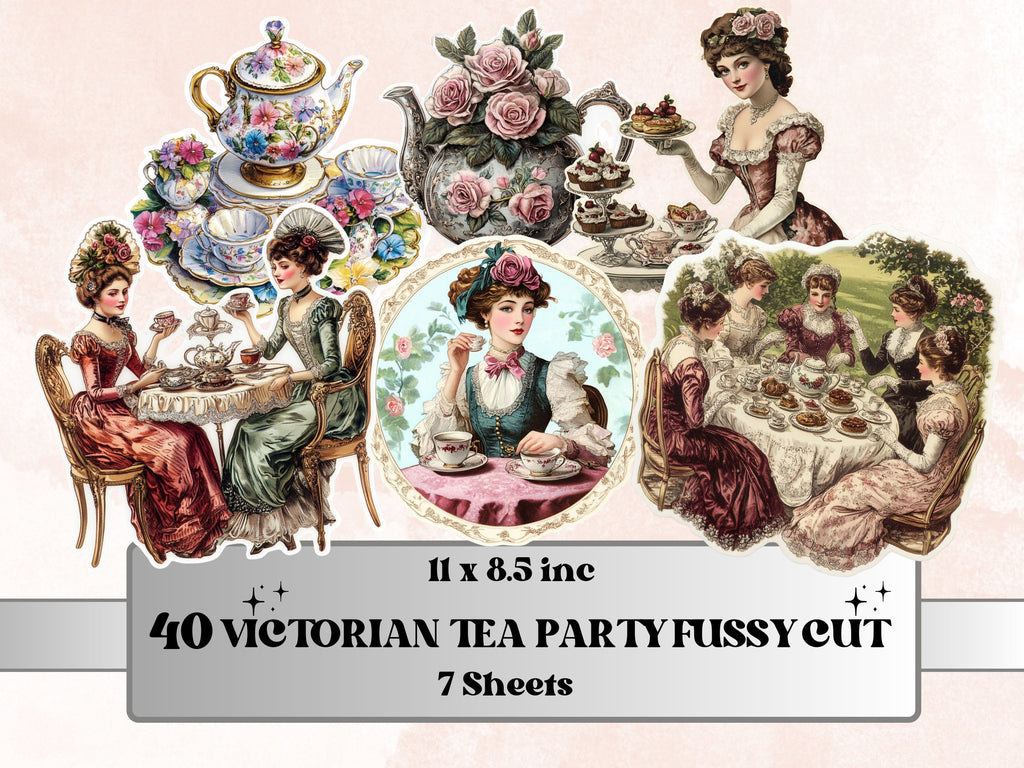 Victorian Tea Party Fussy Cut Pages, Floral Tea Time Fussy Cut Ephemera Sheet, Tea Time Journal Add On Kit, Victorian Mixed Media Collage