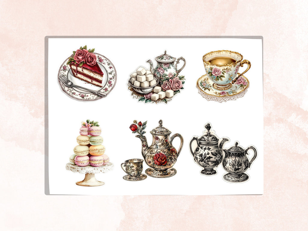 Victorian Tea Party Fussy Cut Pages, Floral Tea Time Fussy Cut Ephemera Sheet, Tea Time Journal Add On Kit, Victorian Mixed Media Collage
