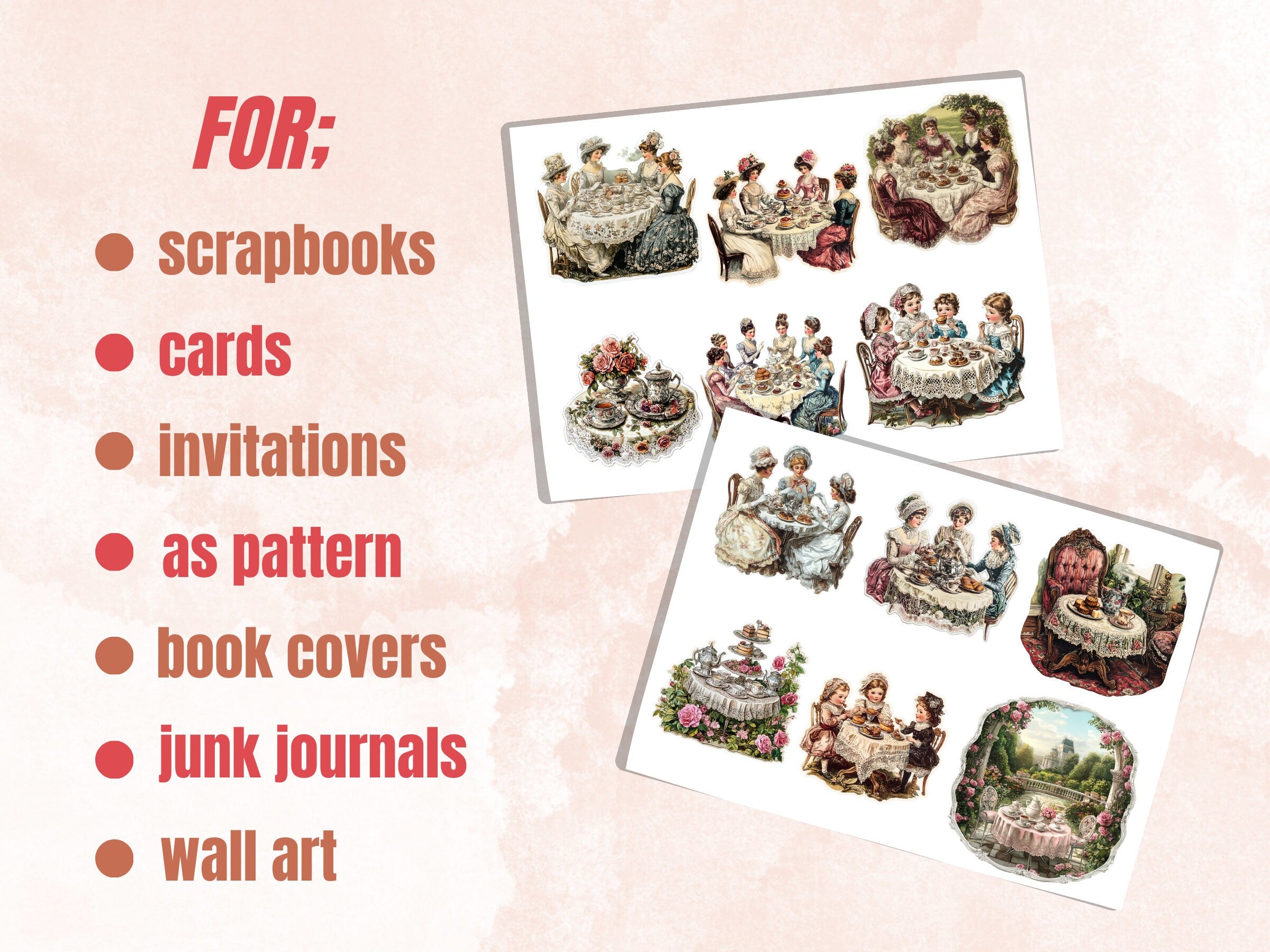 Victorian Tea Party Fussy Cut Pages, Floral Tea Time Fussy Cut Ephemera Sheet, Tea Time Journal Add On Kit, Victorian Mixed Media Collage