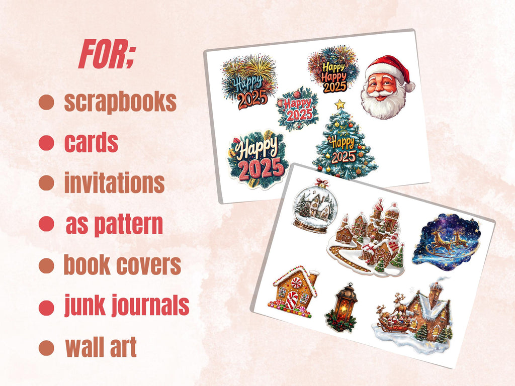 Merry Christmas Fussy Cut Pages, Whimsical Xmas Holiday Fussy Cut Ephemera Sheet, Christmas Journal Add On Kit, Xmas Mixed Media Collage
