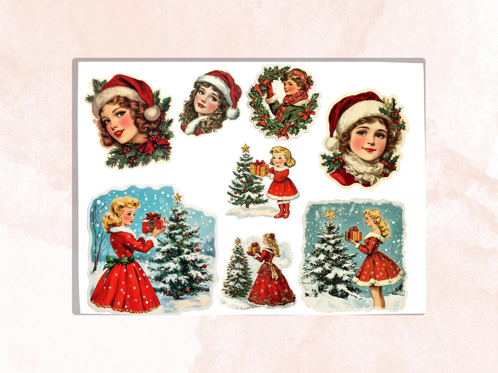 Christmas Girls Fussy Cut Pages, Whimsical Xmas Holiday Fussy Cut Ephemera Sheet, Christmas Journal Add On Kit, Xmas Mixed Media Collage
