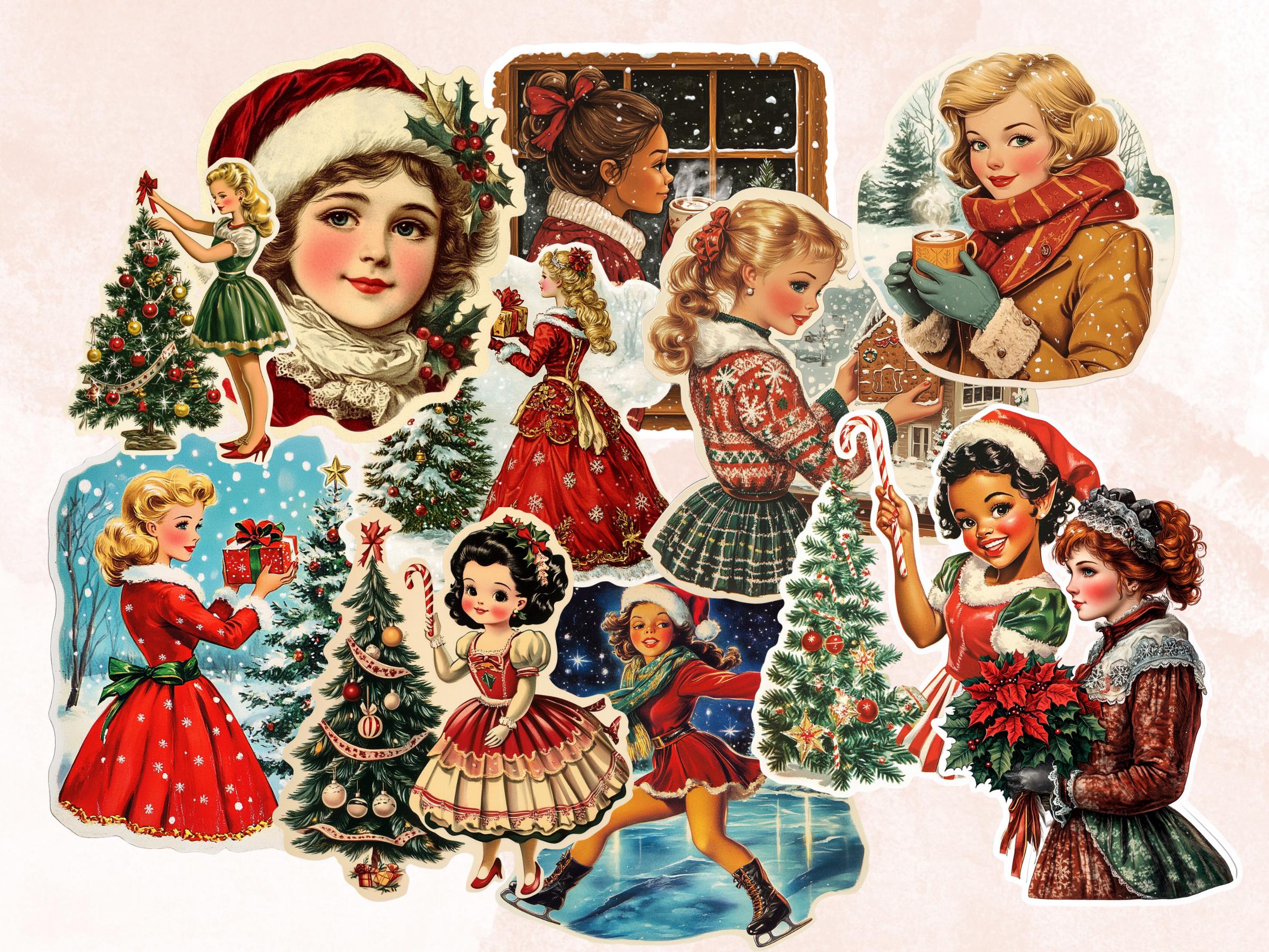 Christmas Girls Fussy Cut Pages, Whimsical Xmas Holiday Fussy Cut Ephemera Sheet, Christmas Journal Add On Kit, Xmas Mixed Media Collage