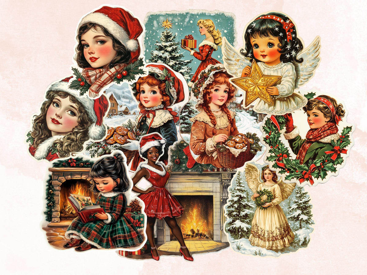 Christmas Girls Fussy Cut Pages, Whimsical Xmas Holiday Fussy Cut Ephemera Sheet, Christmas Journal Add On Kit, Xmas Mixed Media Collage