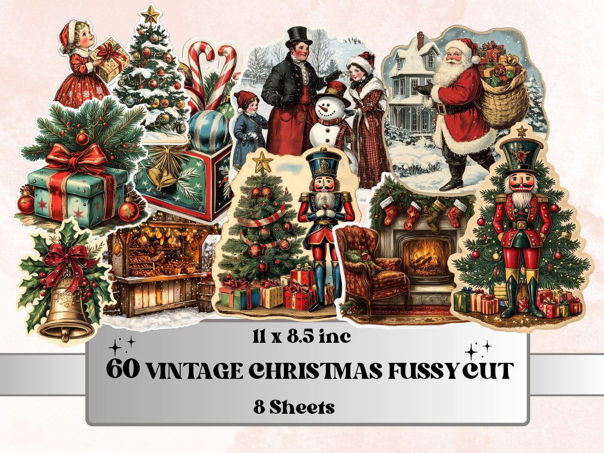 Vintage Christmas Fussy Cut Pages, Whimsical Xmas Holiday Fussy Cut Ephemera Sheet, Christmas Journal Add On Kit, Xmas Mixed Media Collage