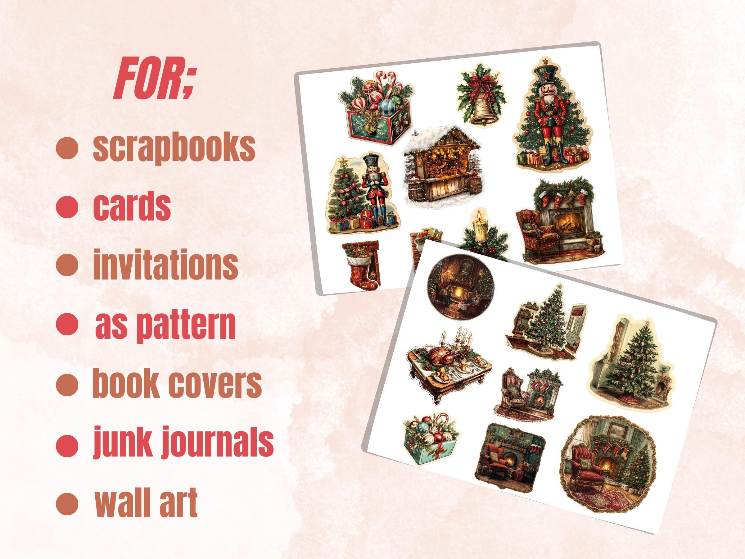 Vintage Christmas Fussy Cut Pages, Whimsical Xmas Holiday Fussy Cut Ephemera Sheet, Christmas Journal Add On Kit, Xmas Mixed Media Collage