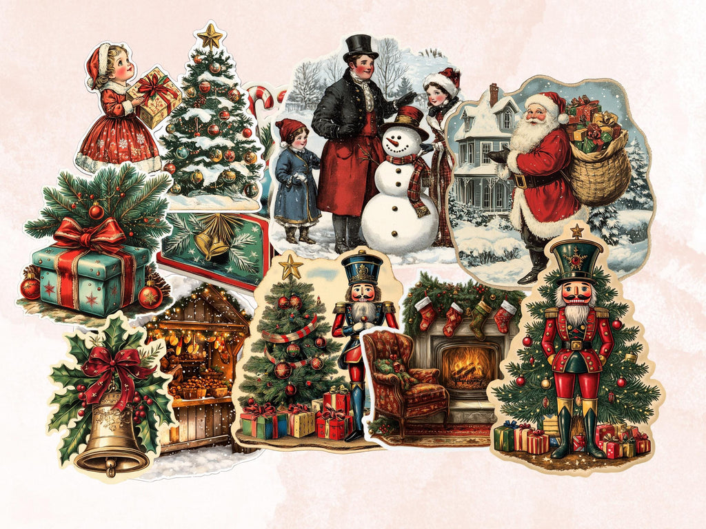Vintage Christmas Fussy Cut Pages, Whimsical Xmas Holiday Fussy Cut Ephemera Sheet, Christmas Journal Add On Kit, Xmas Mixed Media Collage