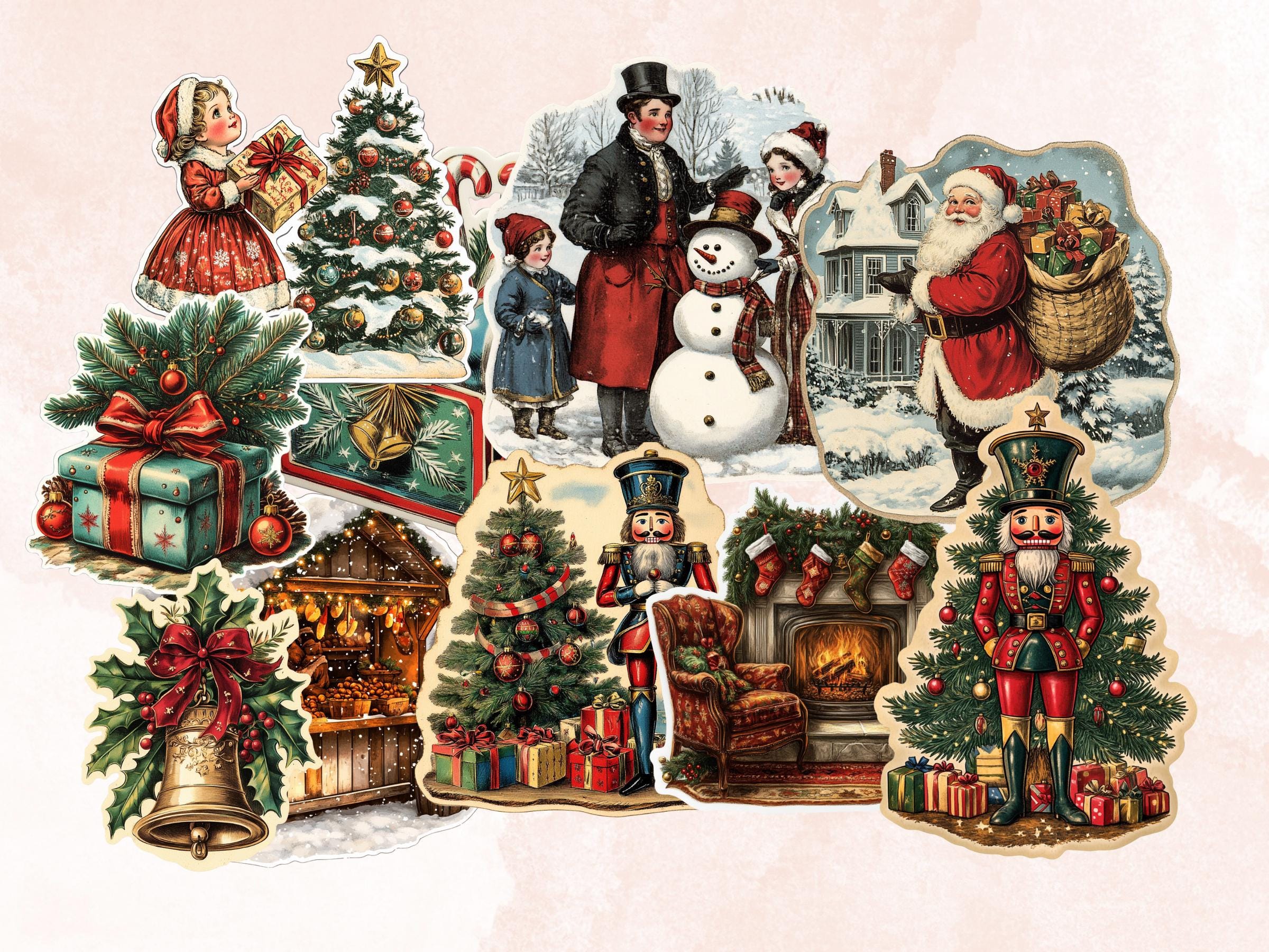 Vintage Christmas Fussy Cut Pages, Whimsical Xmas Holiday Fussy Cut Ephemera Sheet, Christmas Journal Add On Kit, Xmas Mixed Media Collage