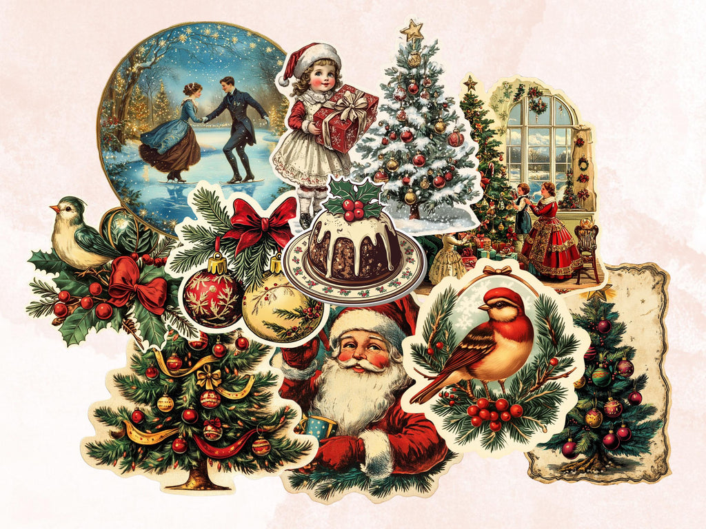 Vintage Christmas Fussy Cut Pages, Whimsical Xmas Holiday Fussy Cut Ephemera Sheet, Christmas Journal Add On Kit, Xmas Mixed Media Collage