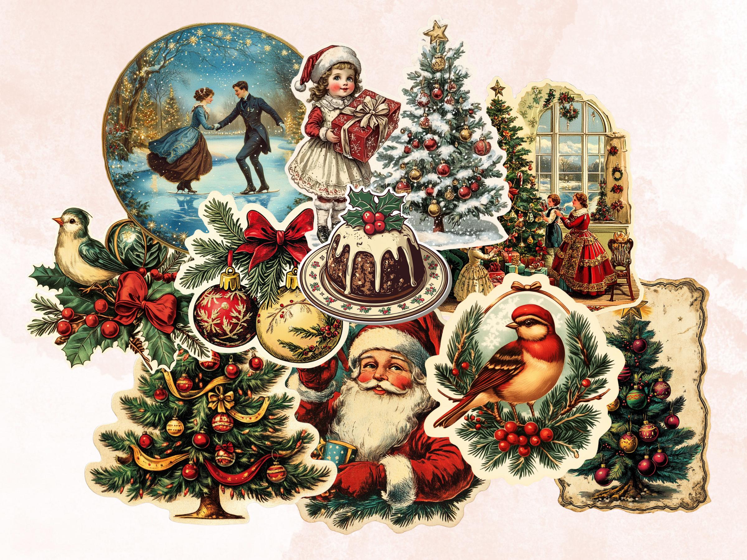 Vintage Christmas Fussy Cut Pages, Whimsical Xmas Holiday Fussy Cut Ephemera Sheet, Christmas Journal Add On Kit, Xmas Mixed Media Collage