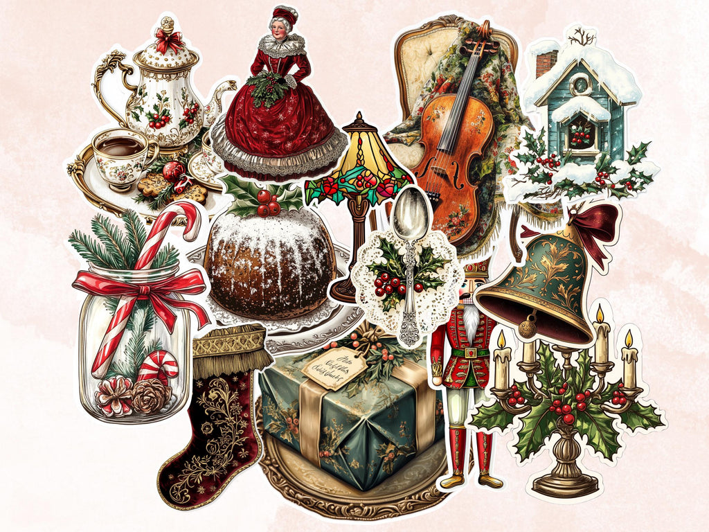 Victorian Christmas Fussy Cut Pages, Whimsical Xmas Holiday Fussy Cut Ephemera Sheet, Christmas Journal Add On Kit, Xmas Mixed Media Collage