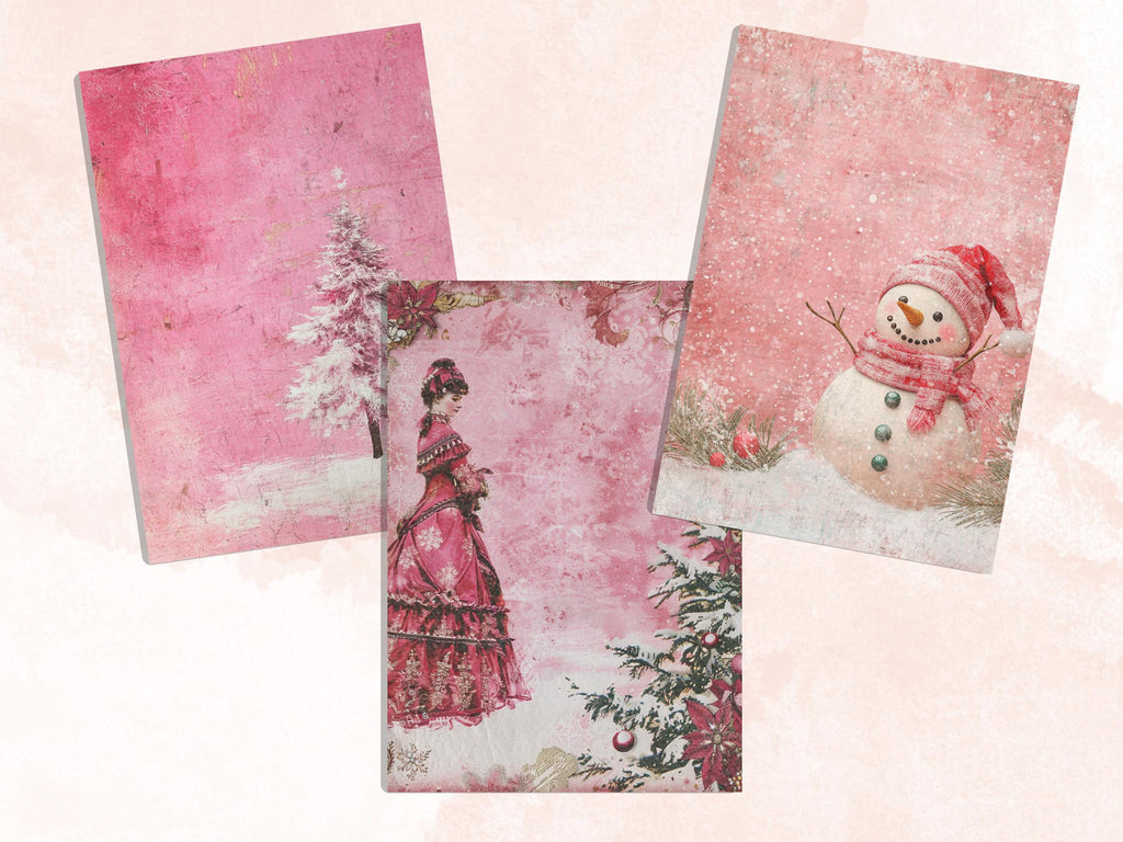 Printable Pink Christmas Digital Journal Paper, Mixed Media Christmas Collage, Pink Xmas Noel Pages, Download Junk Journal, Scrapbooking