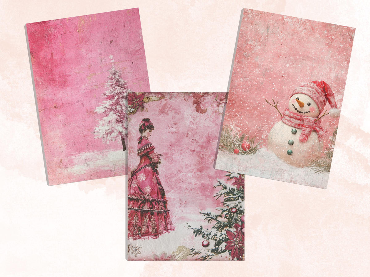 Printable Pink Christmas Digital Journal Paper, Mixed Media Christmas Collage, Pink Xmas Noel Pages, Download Junk Journal, Scrapbooking