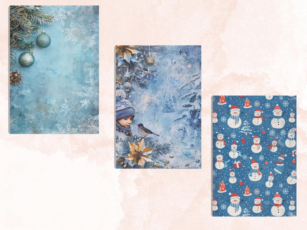 Printable Blue Christmas Digital Journal Paper, Mixed Media Christmas Collage, Blue Xmas Noel Pages, Download Junk Journal, Scrapbooking