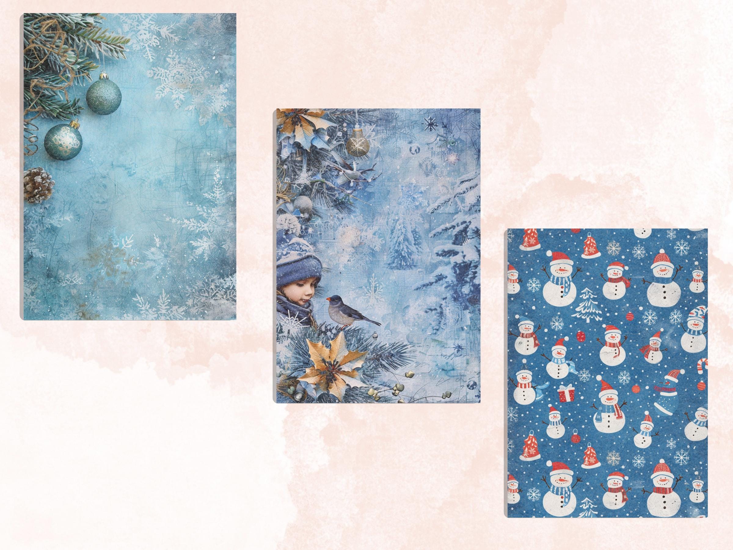 Printable Blue Christmas Digital Journal Paper, Mixed Media Christmas Collage, Blue Xmas Noel Pages, Download Junk Journal, Scrapbooking