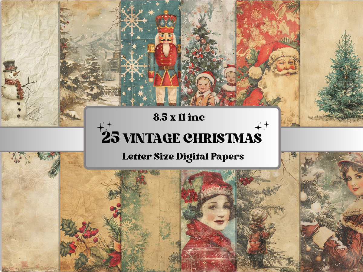 Printable Vintage Christmas Digital Journal Paper, Mixed Media Christmas Collage, Retro Xmas Noel Pages, Download Junk Journal, Scrapbooking